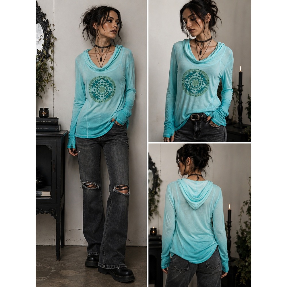 Brisas Hoodie Top Womens L Boho Ombre Mandala Blue Long Sleeve Ruched Thumbhole